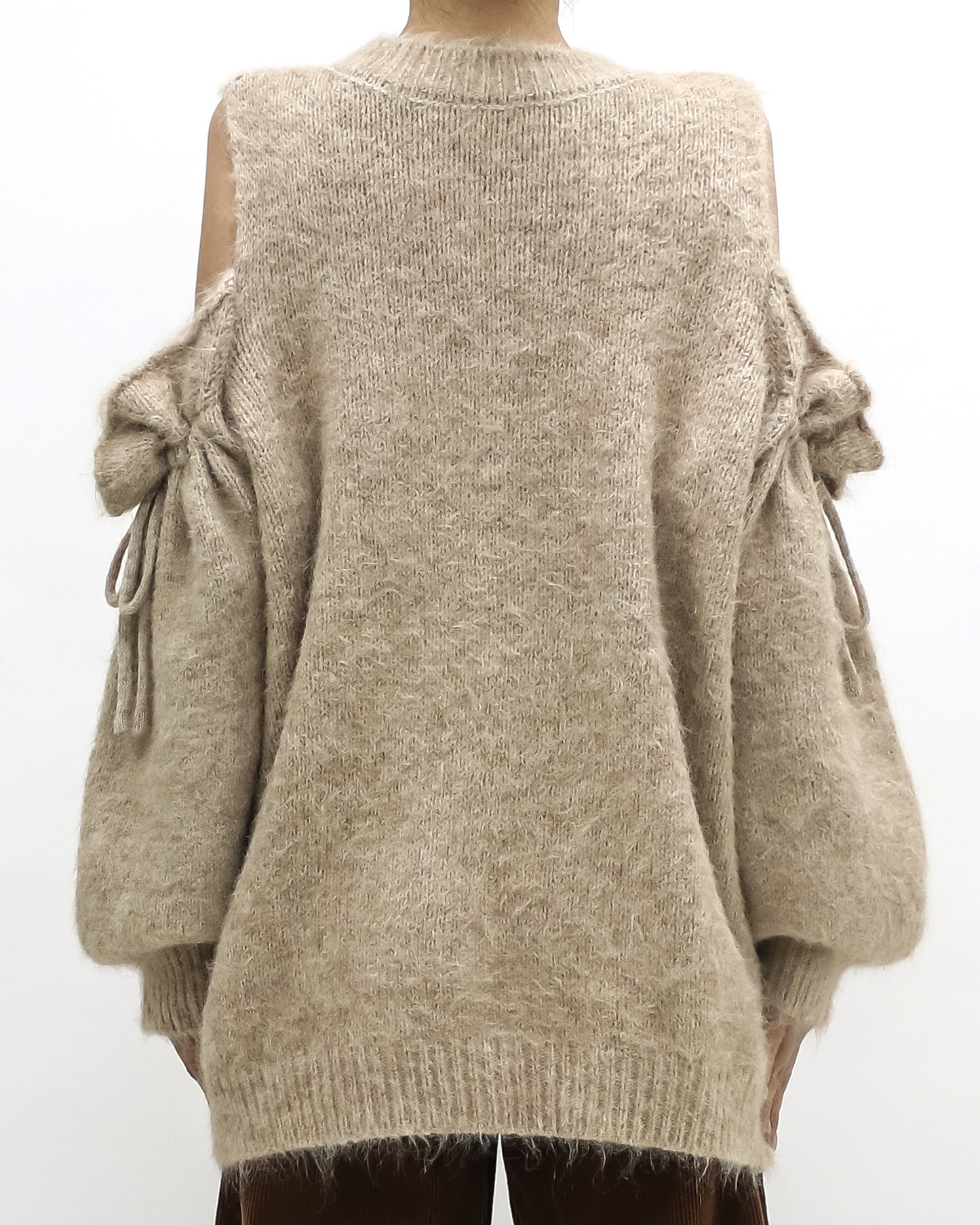 beige cutout shoulders mohair knitted top