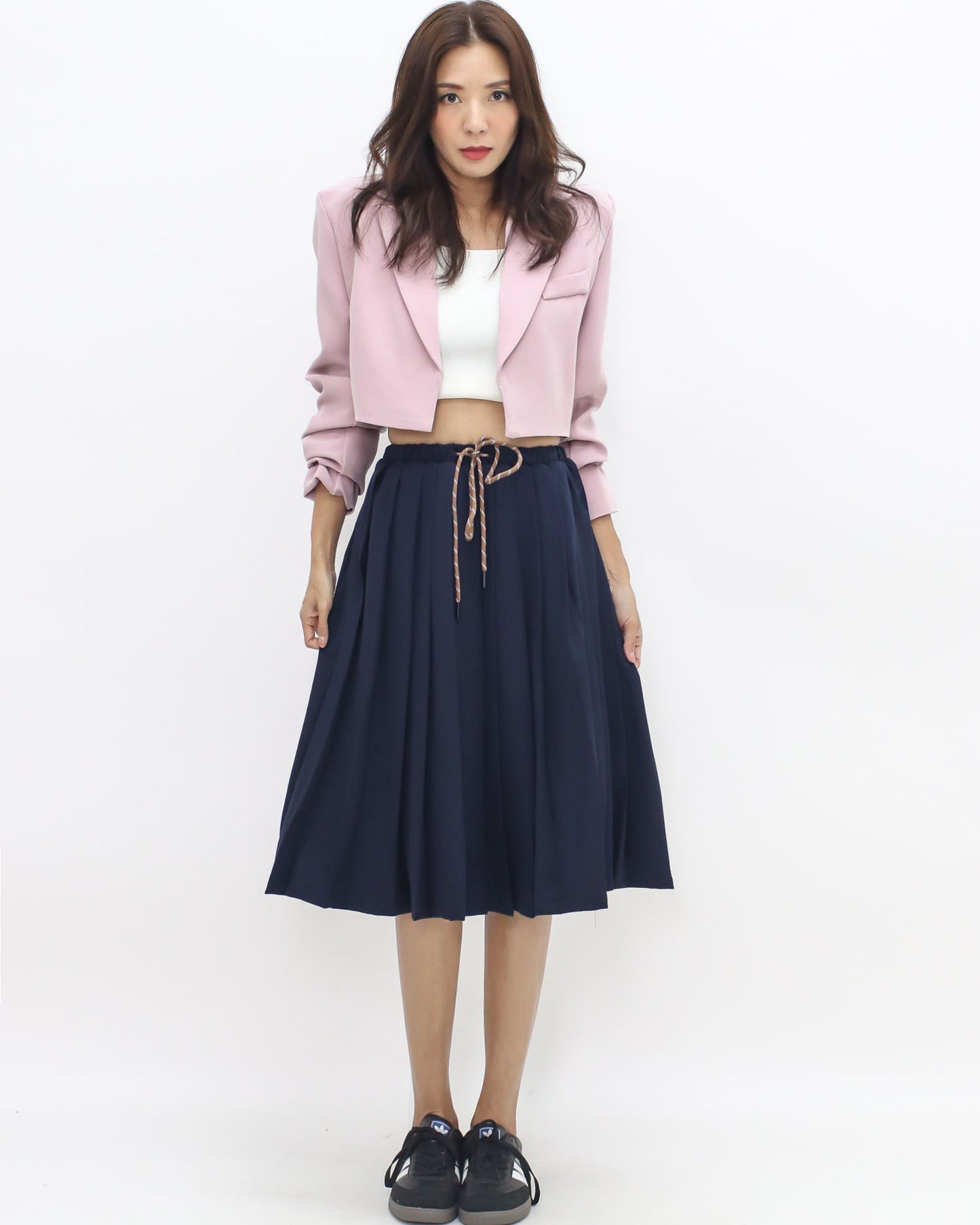 navy pleats drawstring waist midi skirt *pre-order*