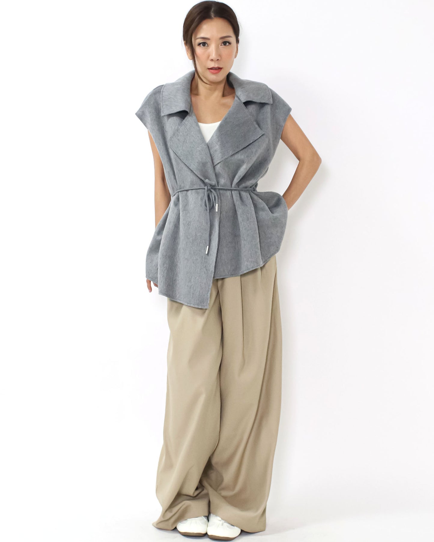 grey drawstring waist wool blended vest jacket *pre-order*