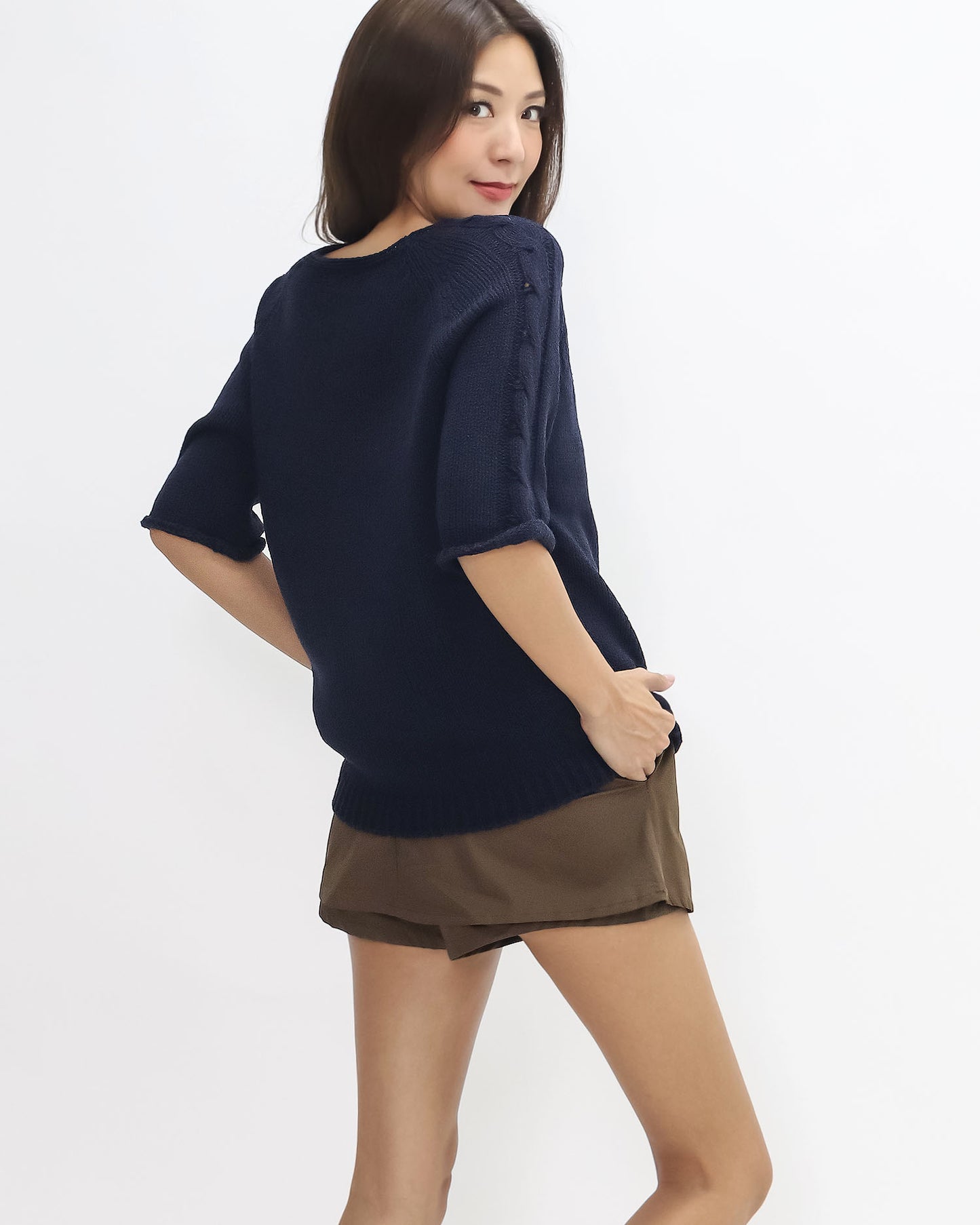 navy twisted knitted sleeves top *pre-order*