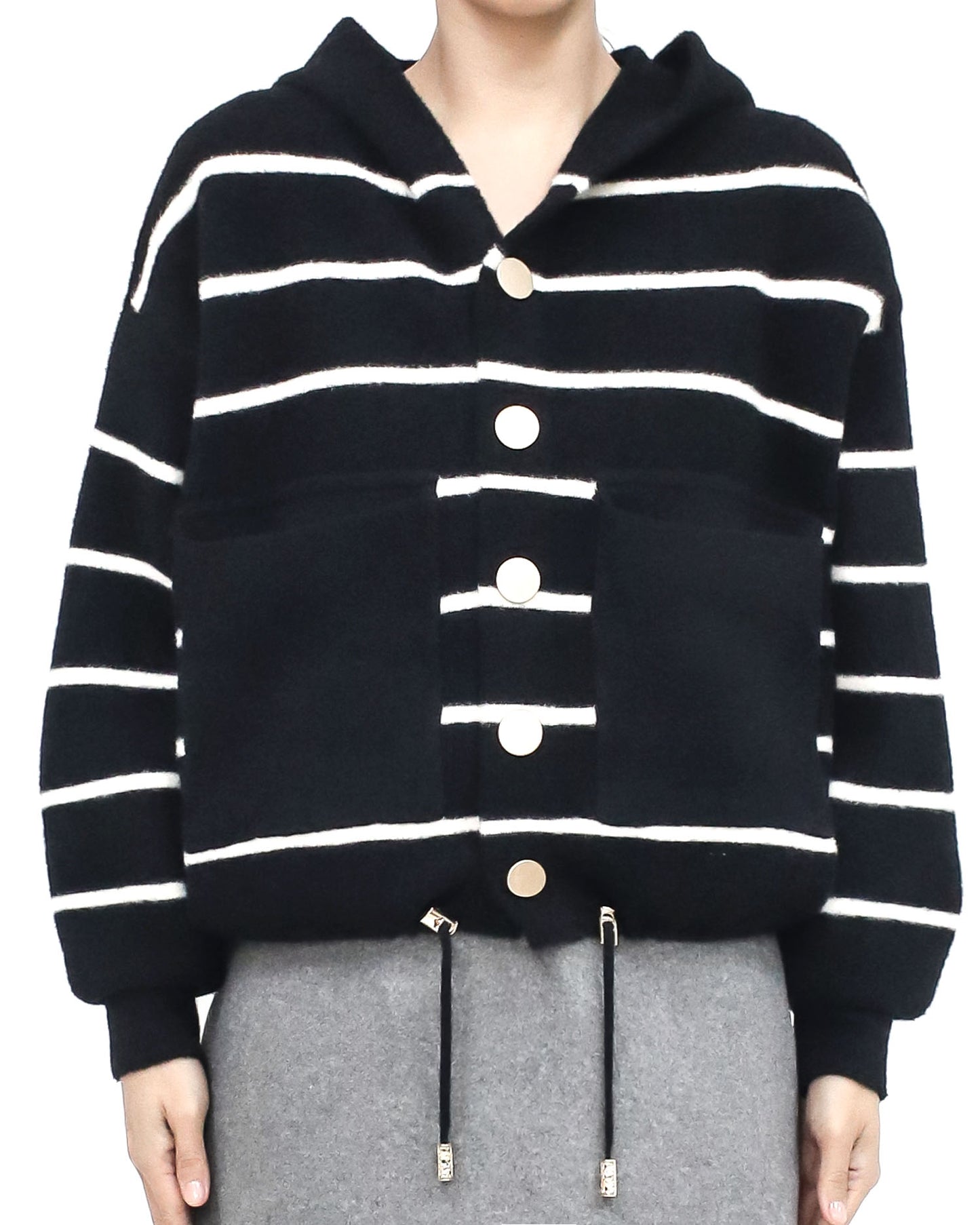 black & ivory stripes hoodie knitted cardigan *pre-order*