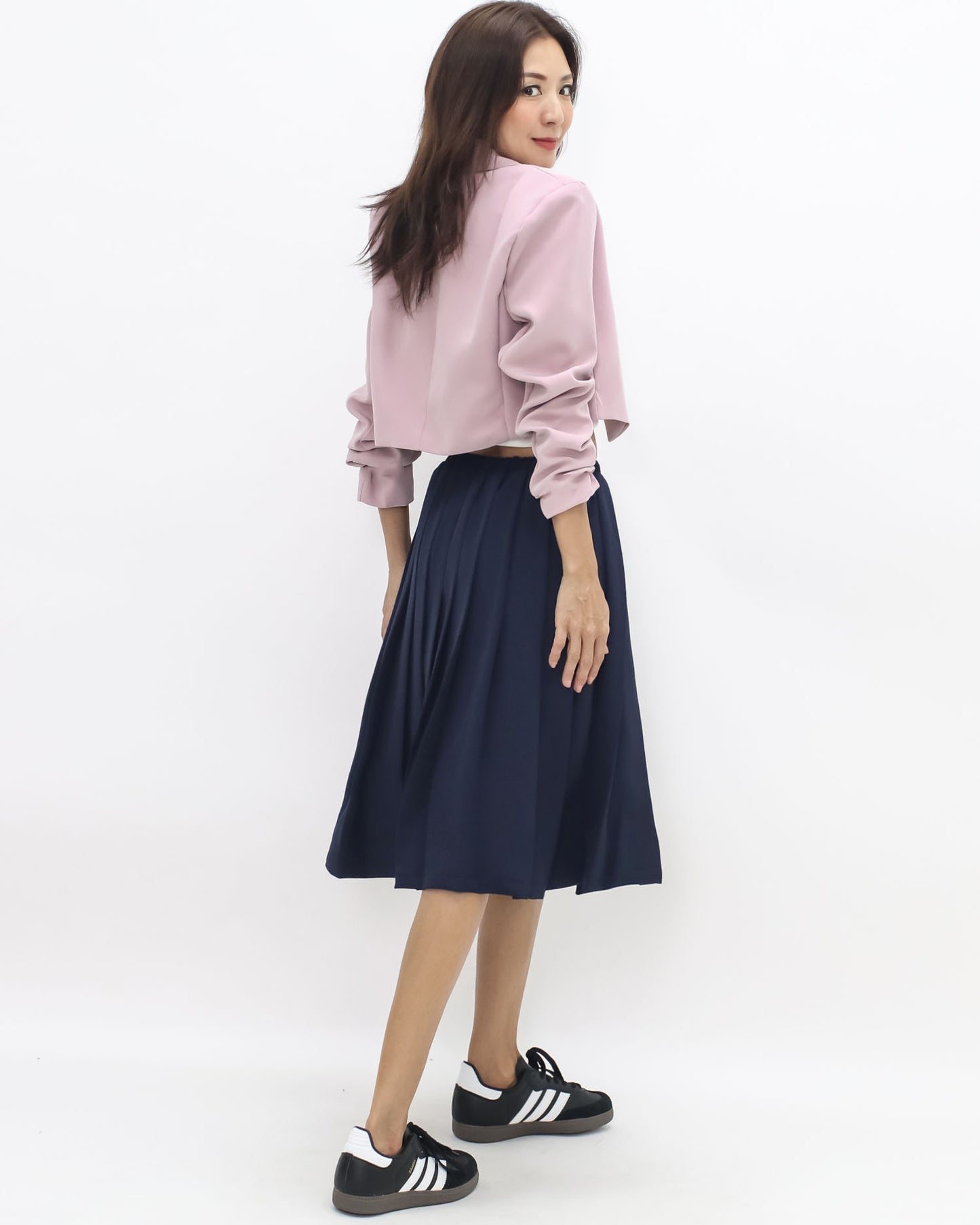 navy pleats drawstring waist midi skirt *pre-order*