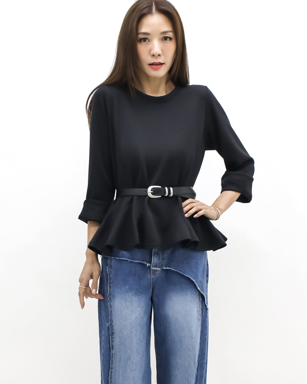 black sweat flare top