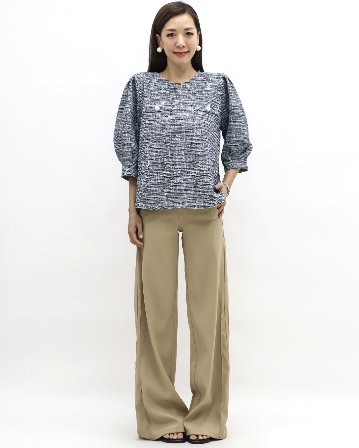 navy tweed puff sleeves top