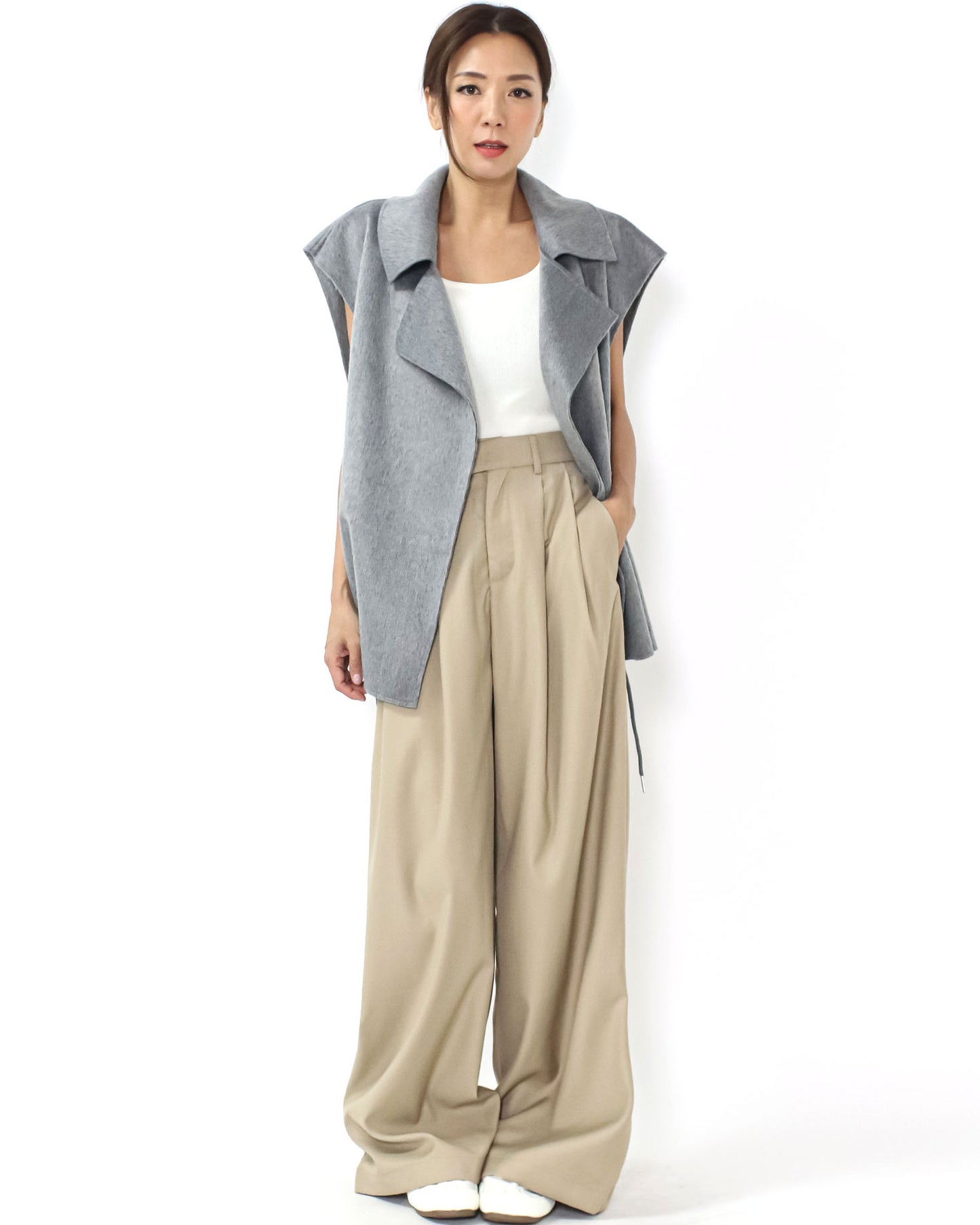 grey drawstring waist wool blended vest jacket *pre-order*