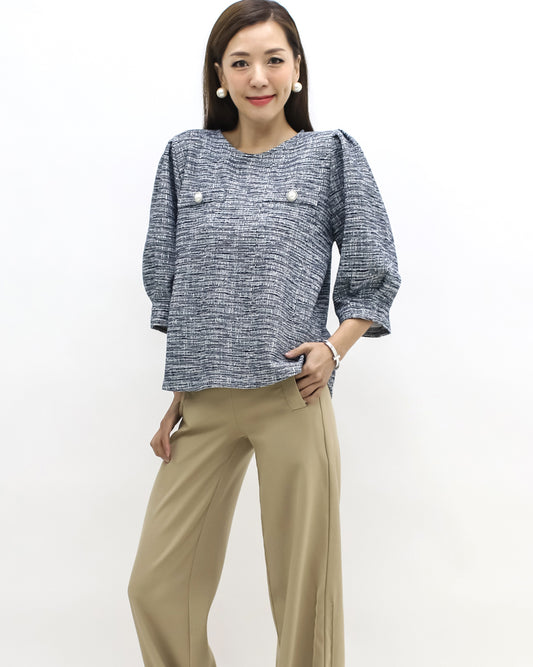 navy tweed puff sleeves top