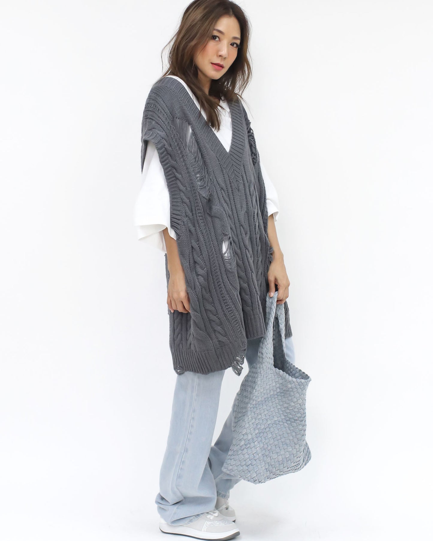 grey ripped longline knitted vest