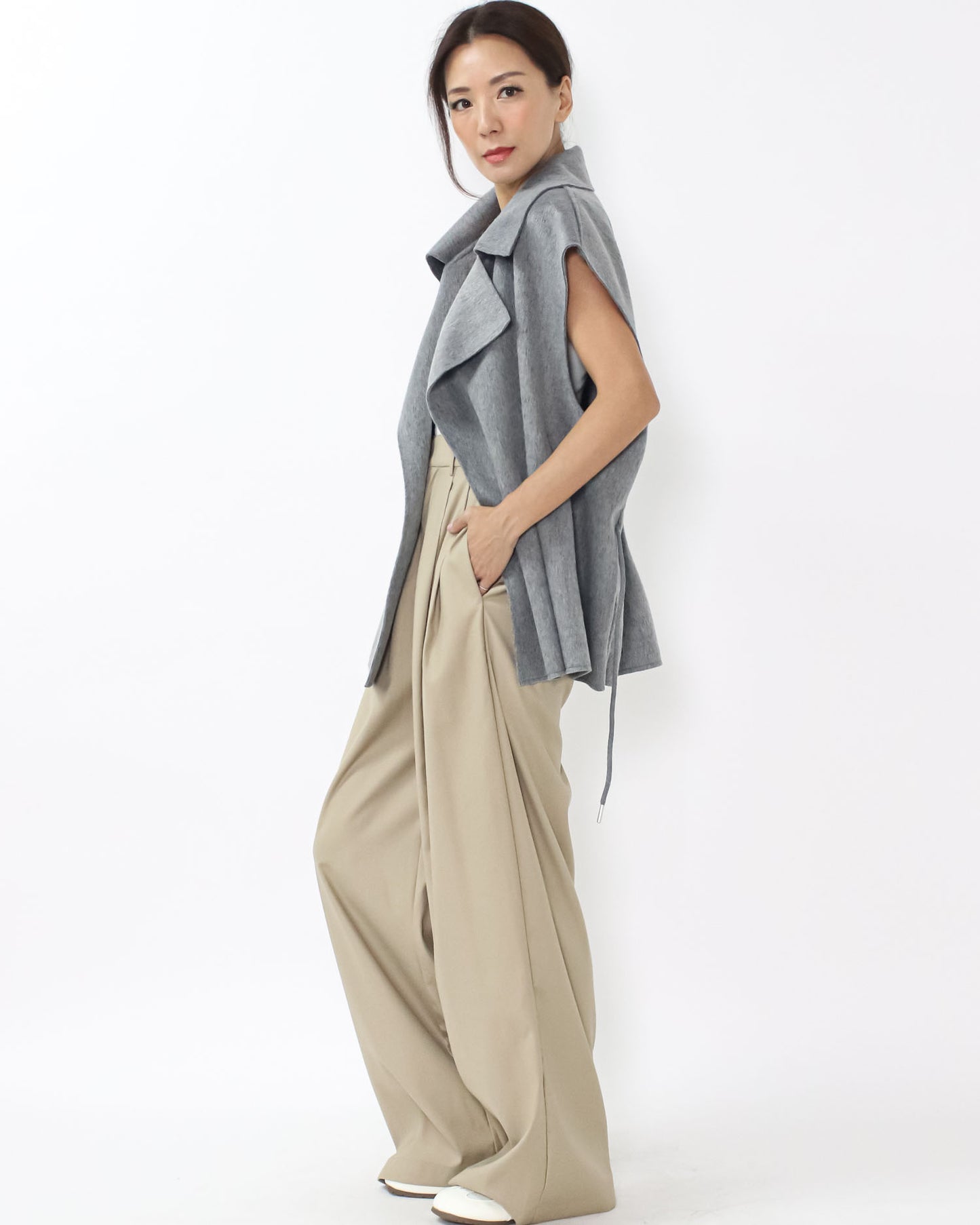 grey drawstring waist wool blended vest jacket *pre-order*