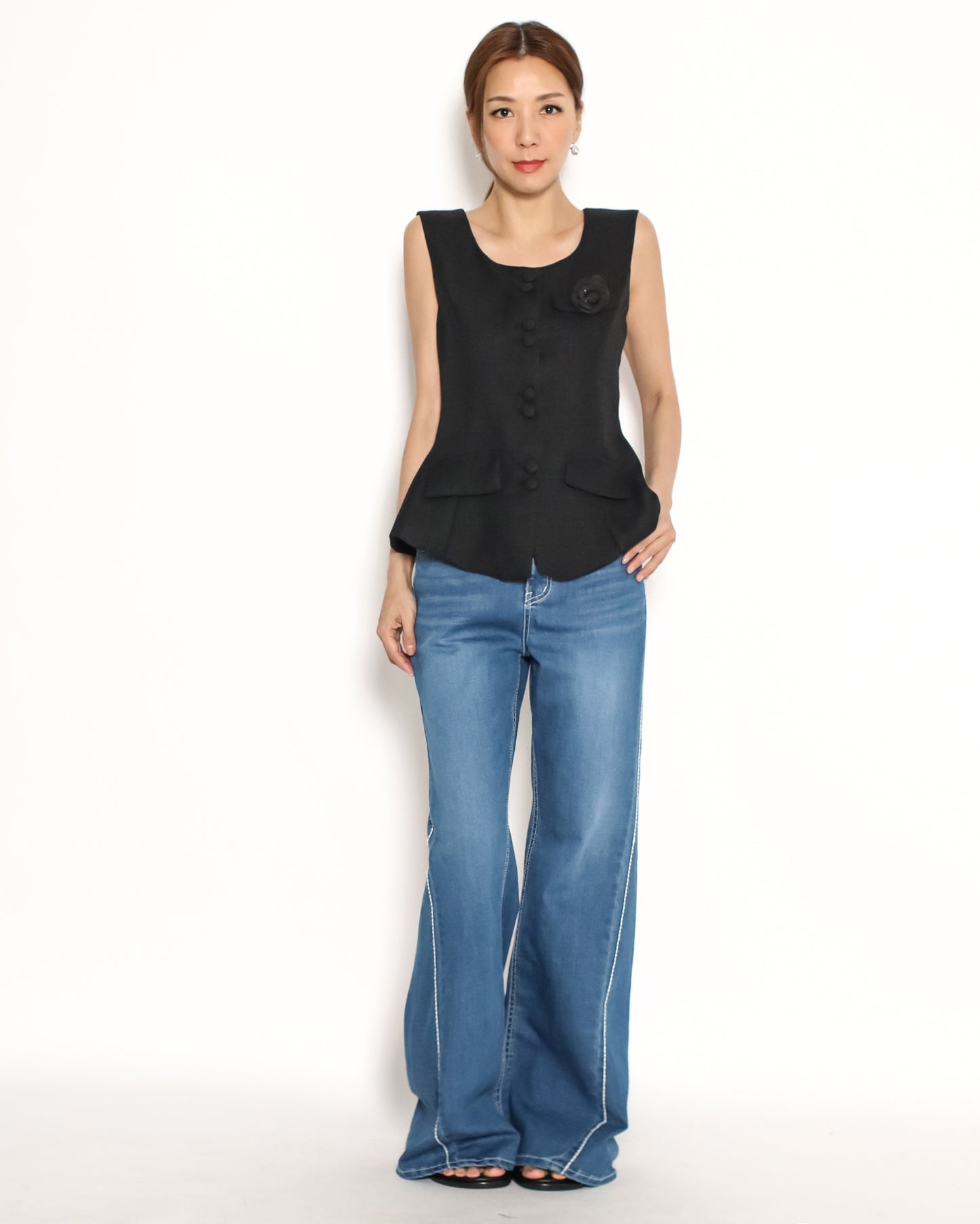 black flower pocket front flare tweed vest *pre-order*