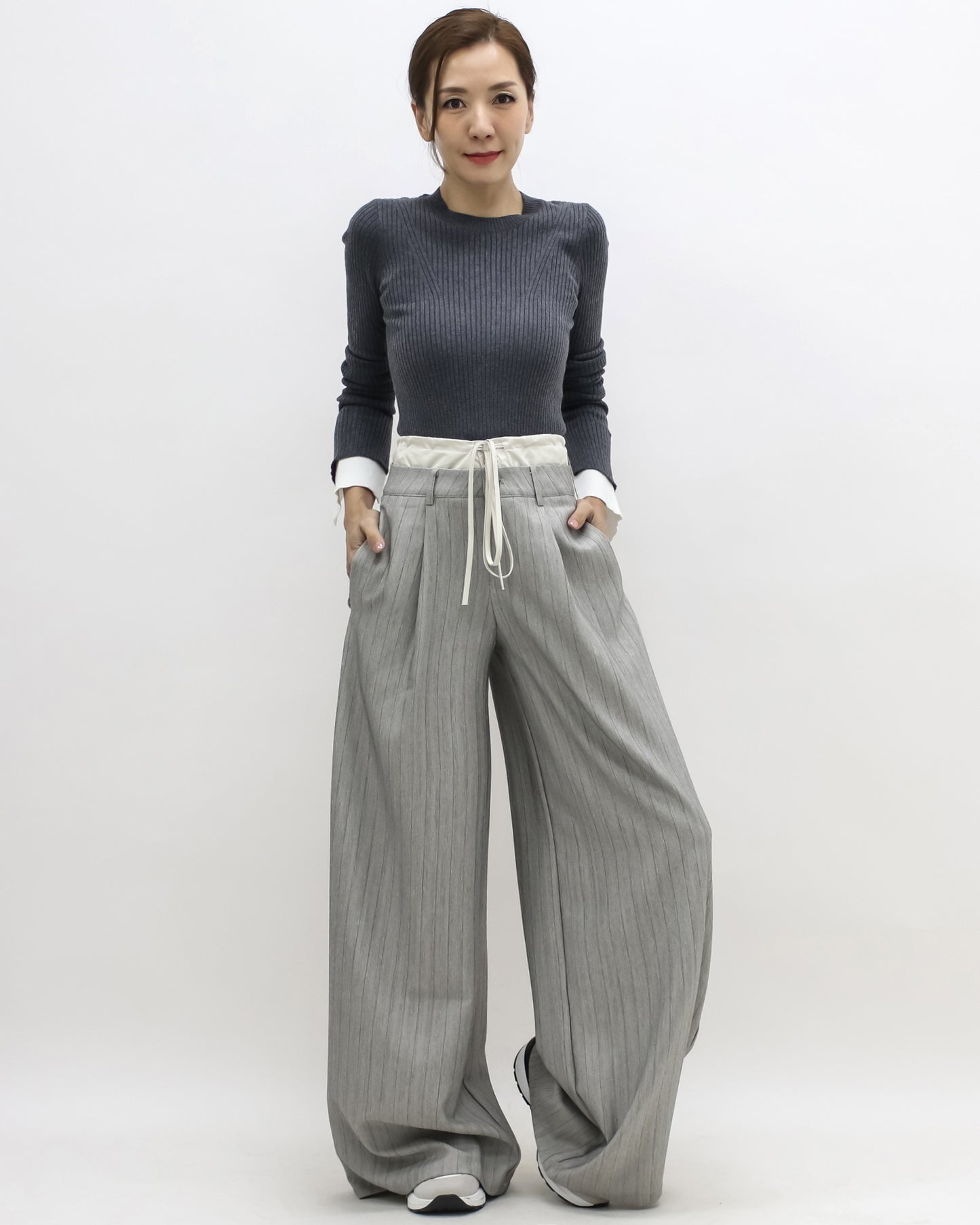 grey stripes w/ ivory waist contrast wide leg pants