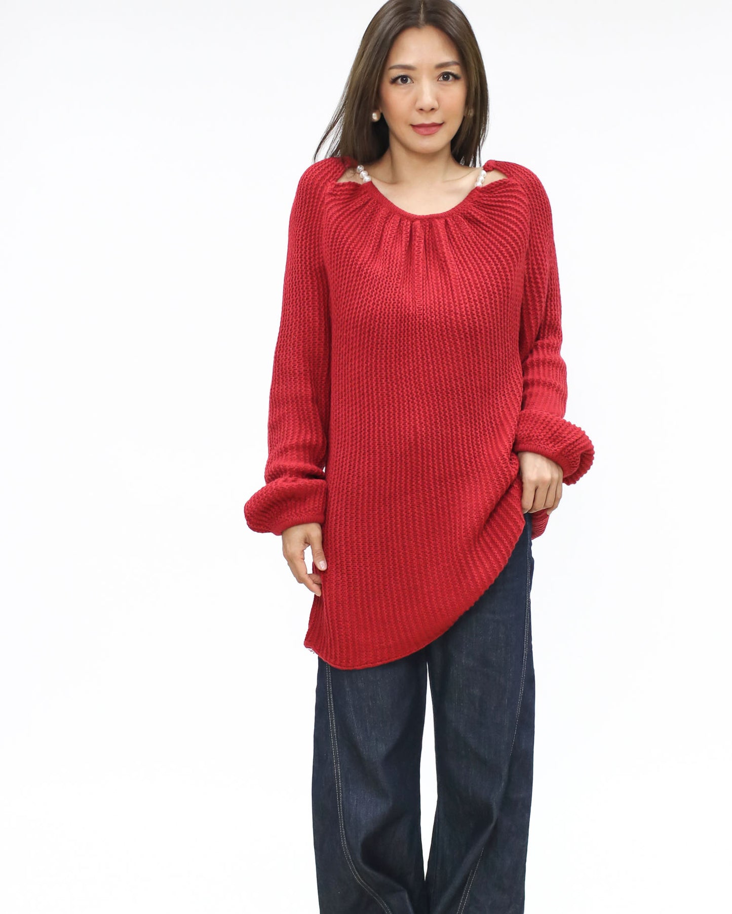 red w/ pearls chains cutout knitted top