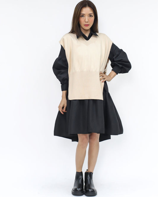 black shirt w/ beige knitted vest set