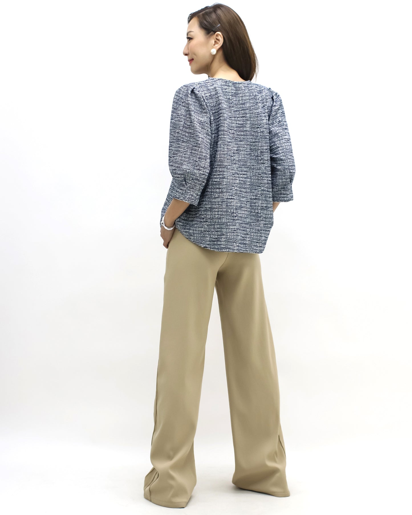navy tweed puff sleeves top