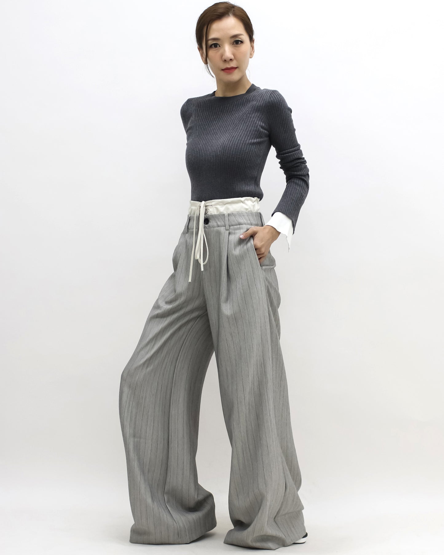 grey stripes w/ ivory waist contrast wide leg pants