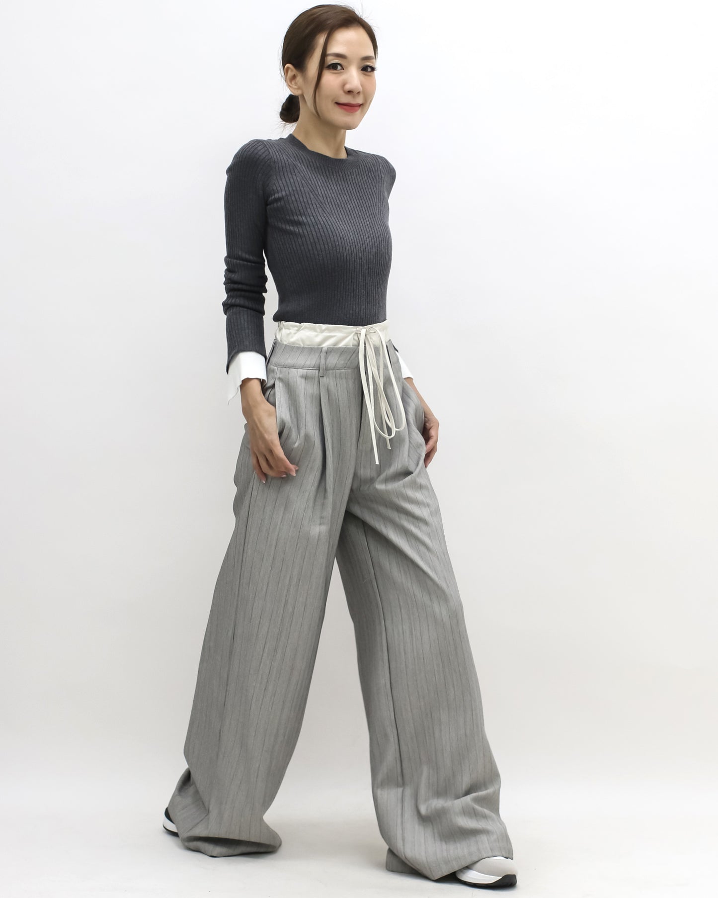 grey stripes w/ ivory waist contrast wide leg pants