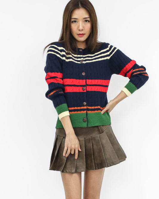 navy w/ ivory green & pink stripes knitted cardigan