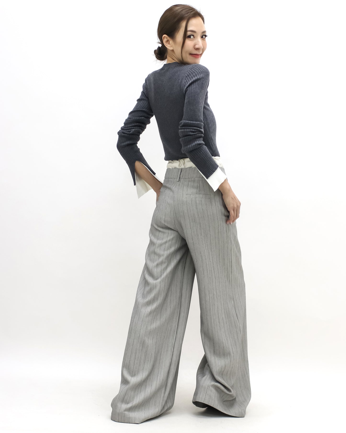 grey stripes w/ ivory waist contrast wide leg pants