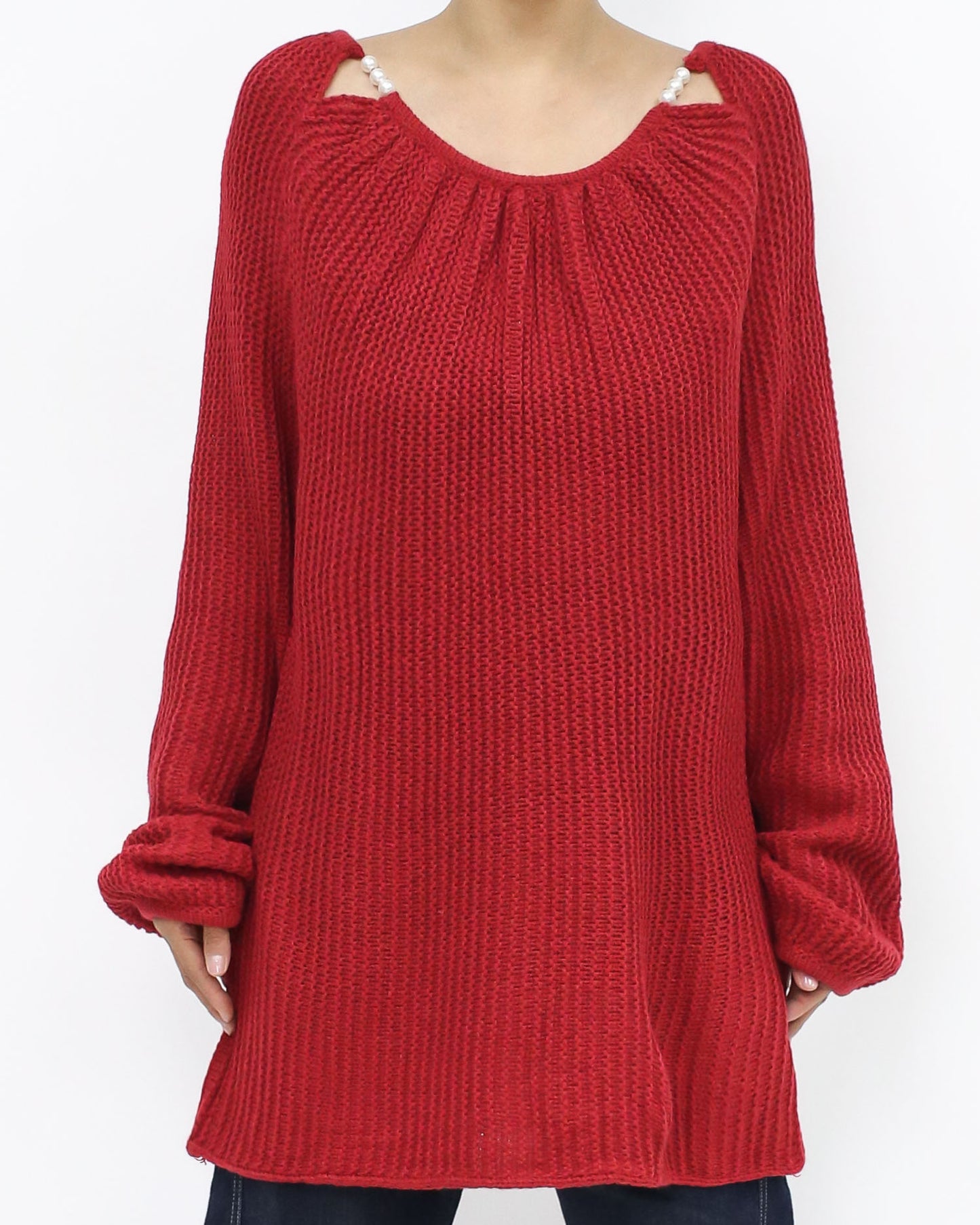 red w/ pearls chains cutout knitted top