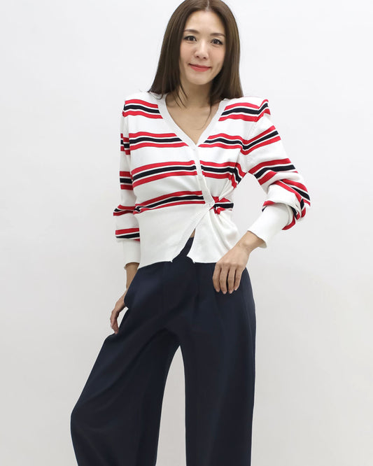 ivory w/ red & black stripes shoulder pads knitted cardigan