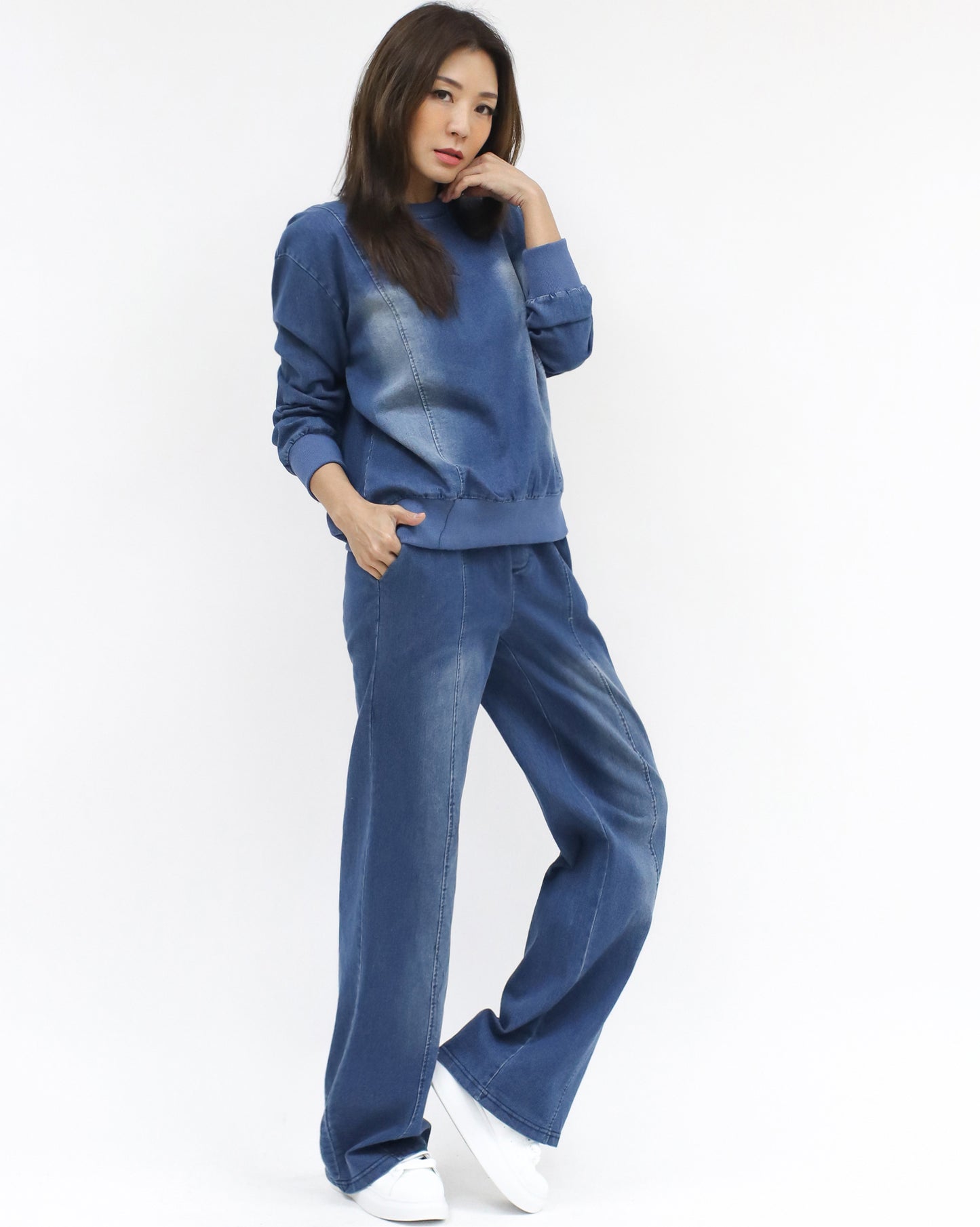 blue washed denim sweatshirt & pants set *pre-order*