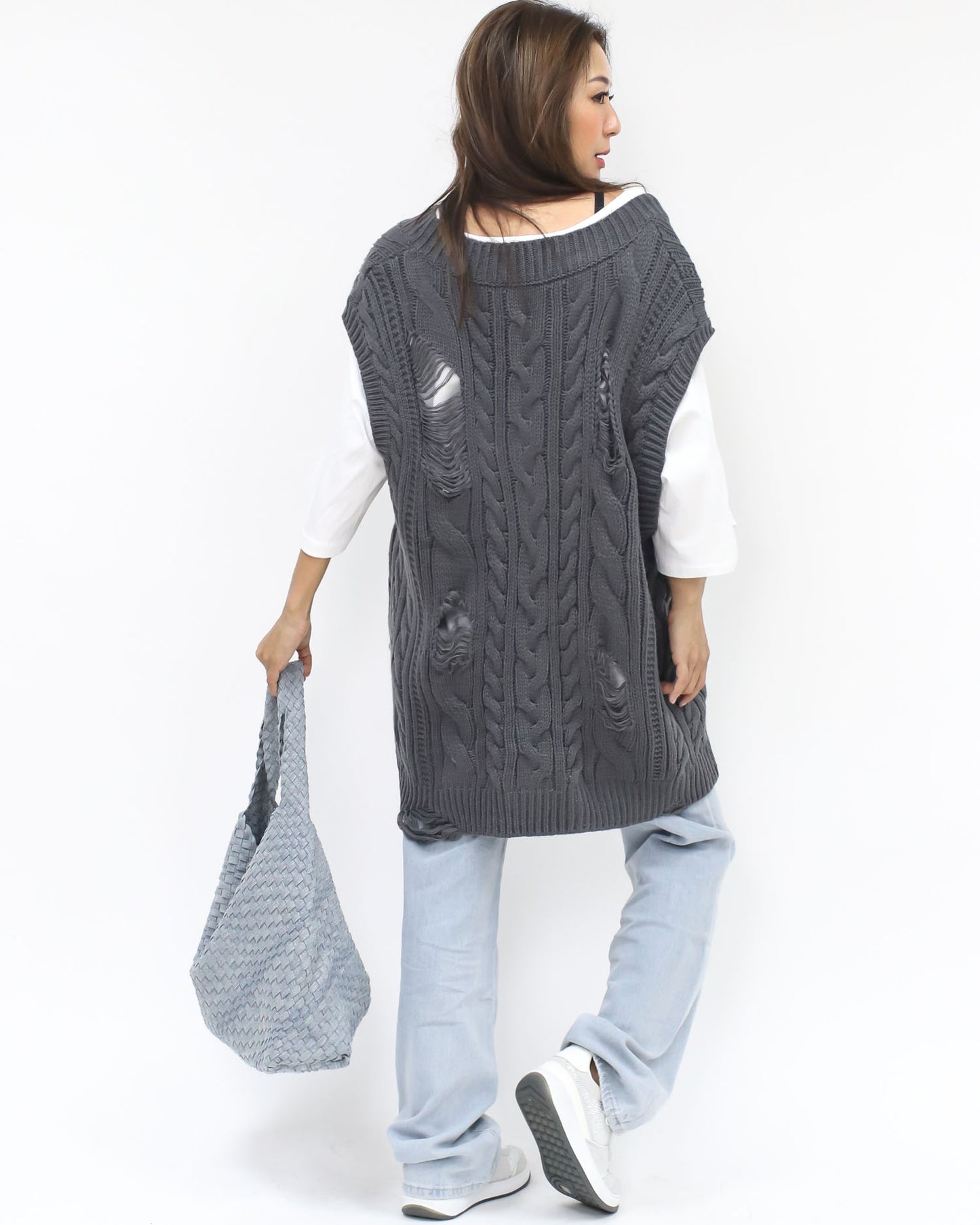 grey ripped longline knitted vest