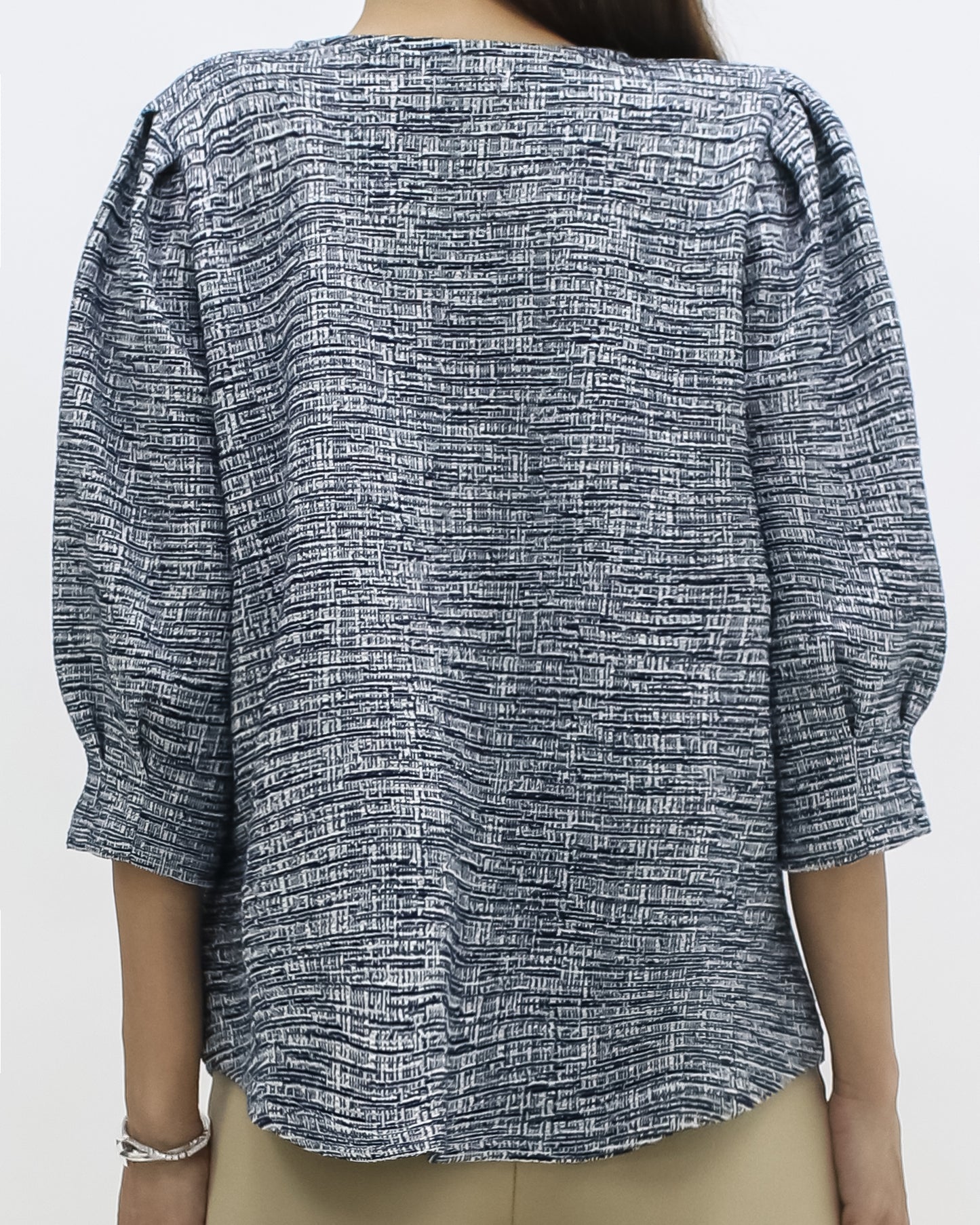 navy tweed puff sleeves top