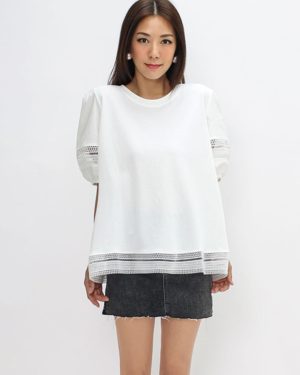 ivory crochet trim puff sleeves tee *pre-order*