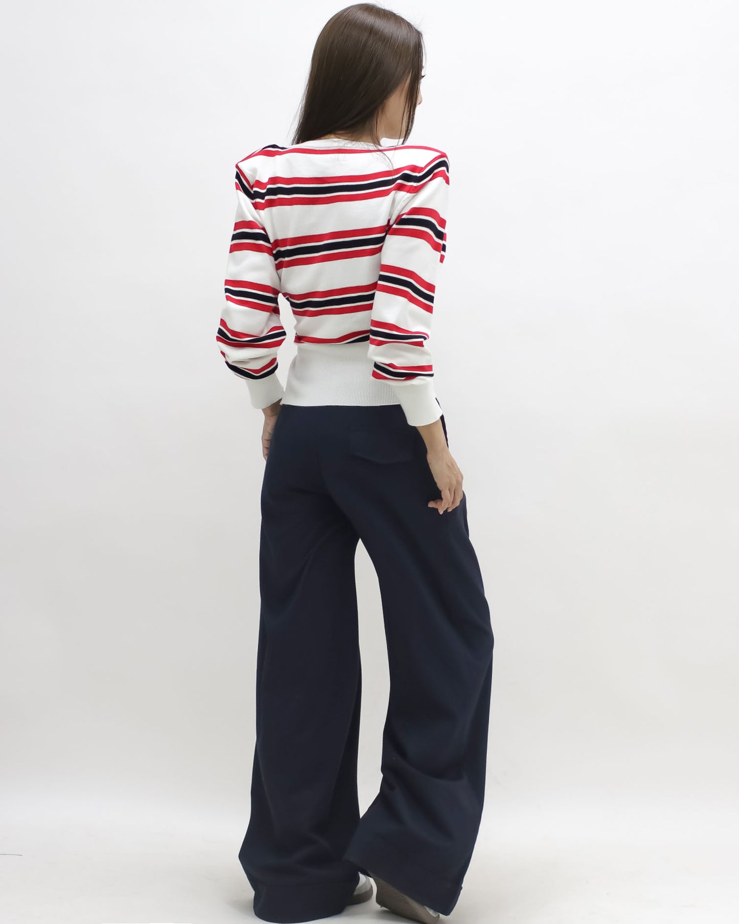 ivory w/ red & black stripes shoulder pads knitted cardigan