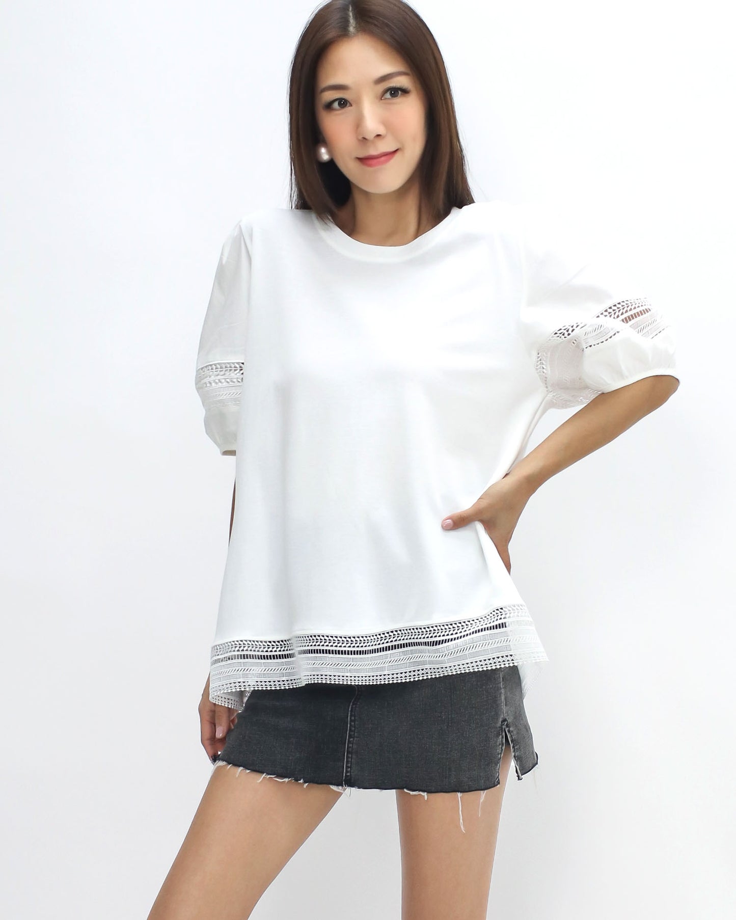 ivory crochet trim puff sleeves tee *pre-order*