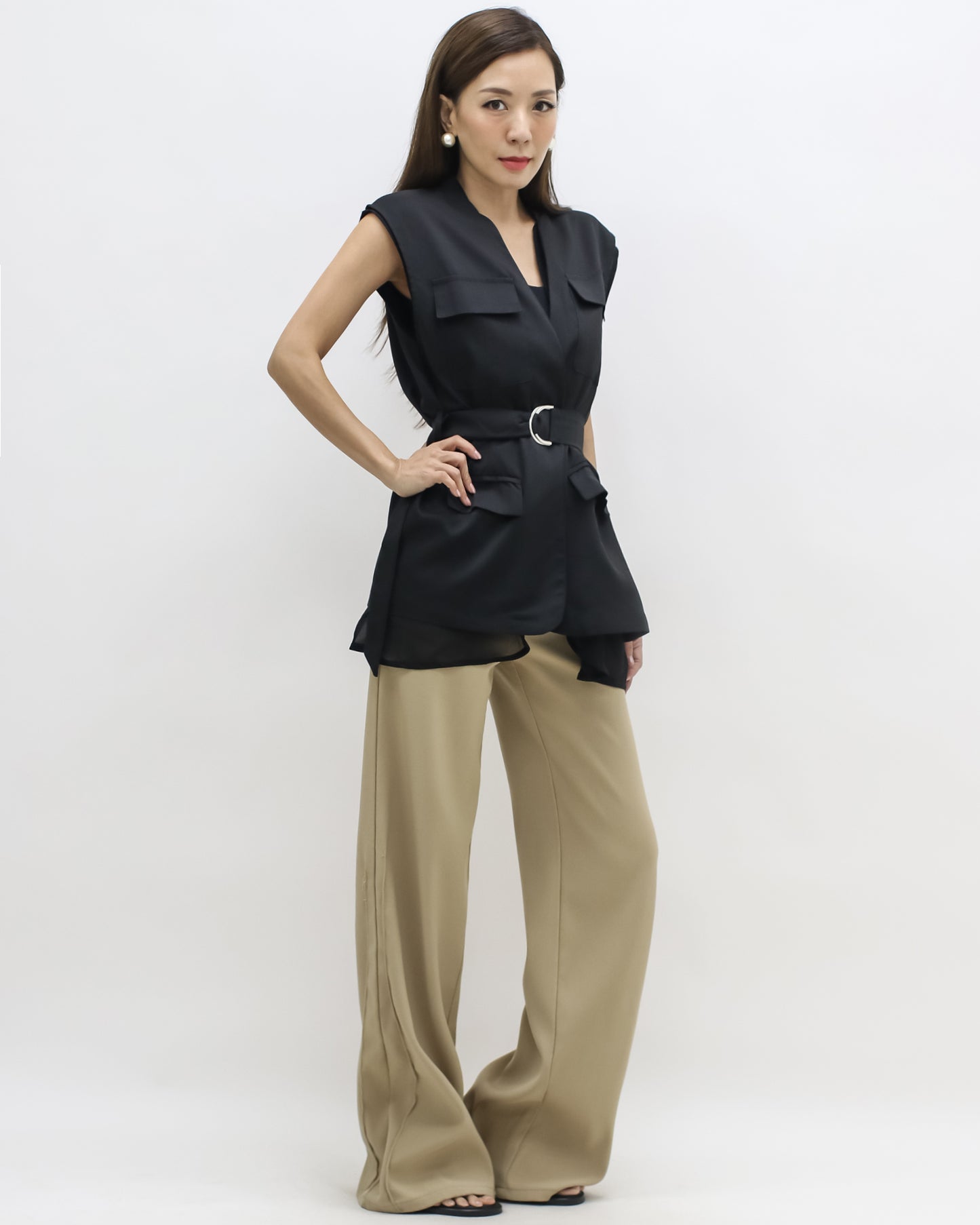 black & mesh layer vest jacket w/ belt