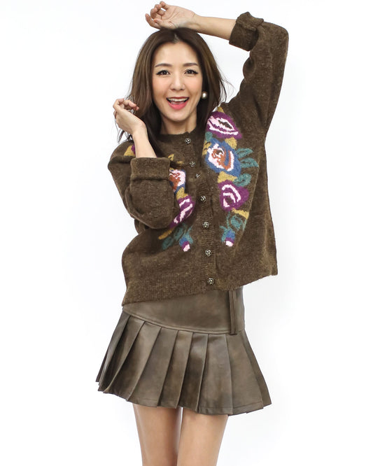 brown flower patterned knitted cardigan