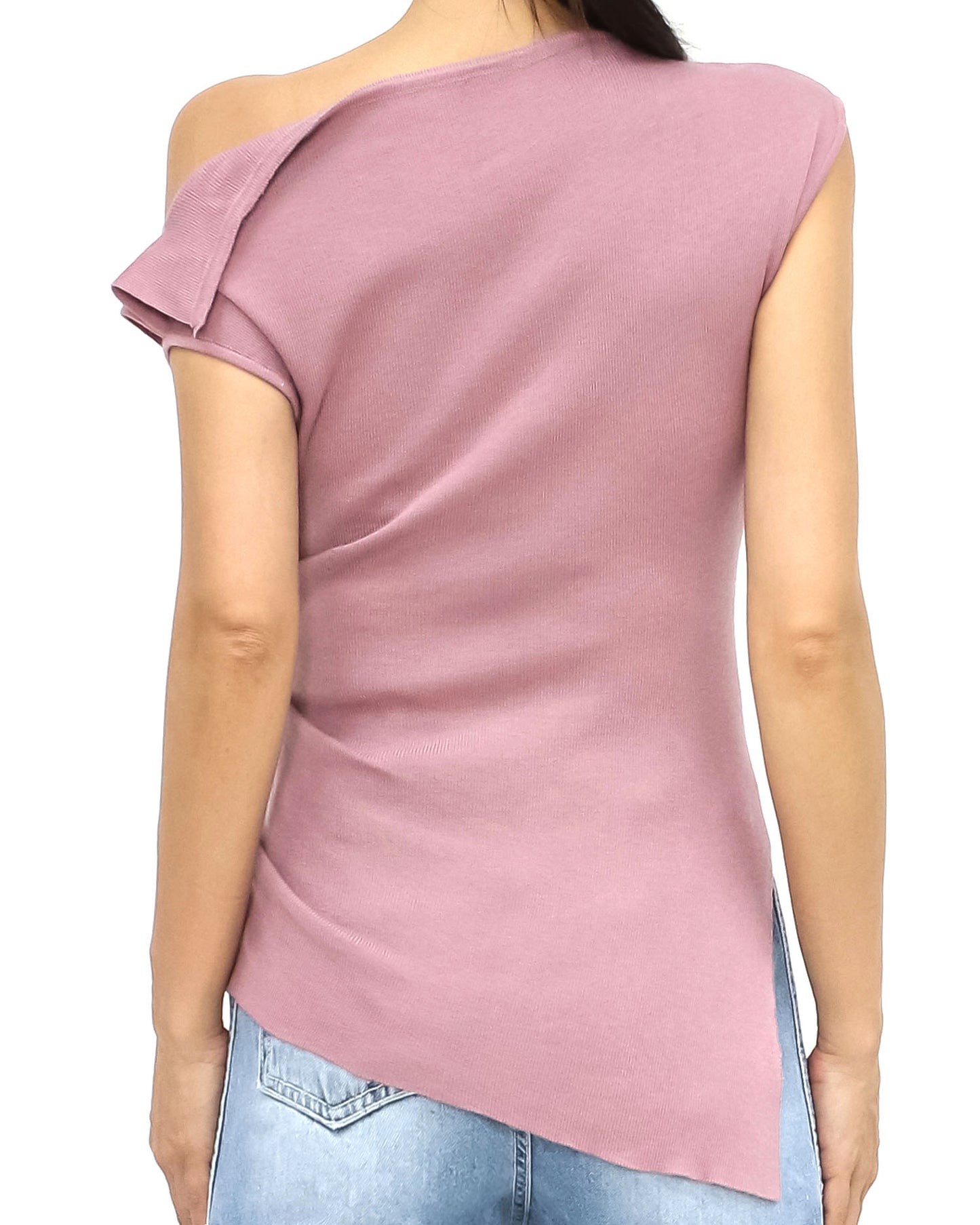 pink off shoulder asymmetric hem knitted top