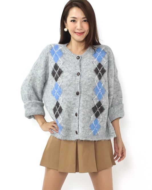 grey w/ brown blue printed mohair knitted cardigan