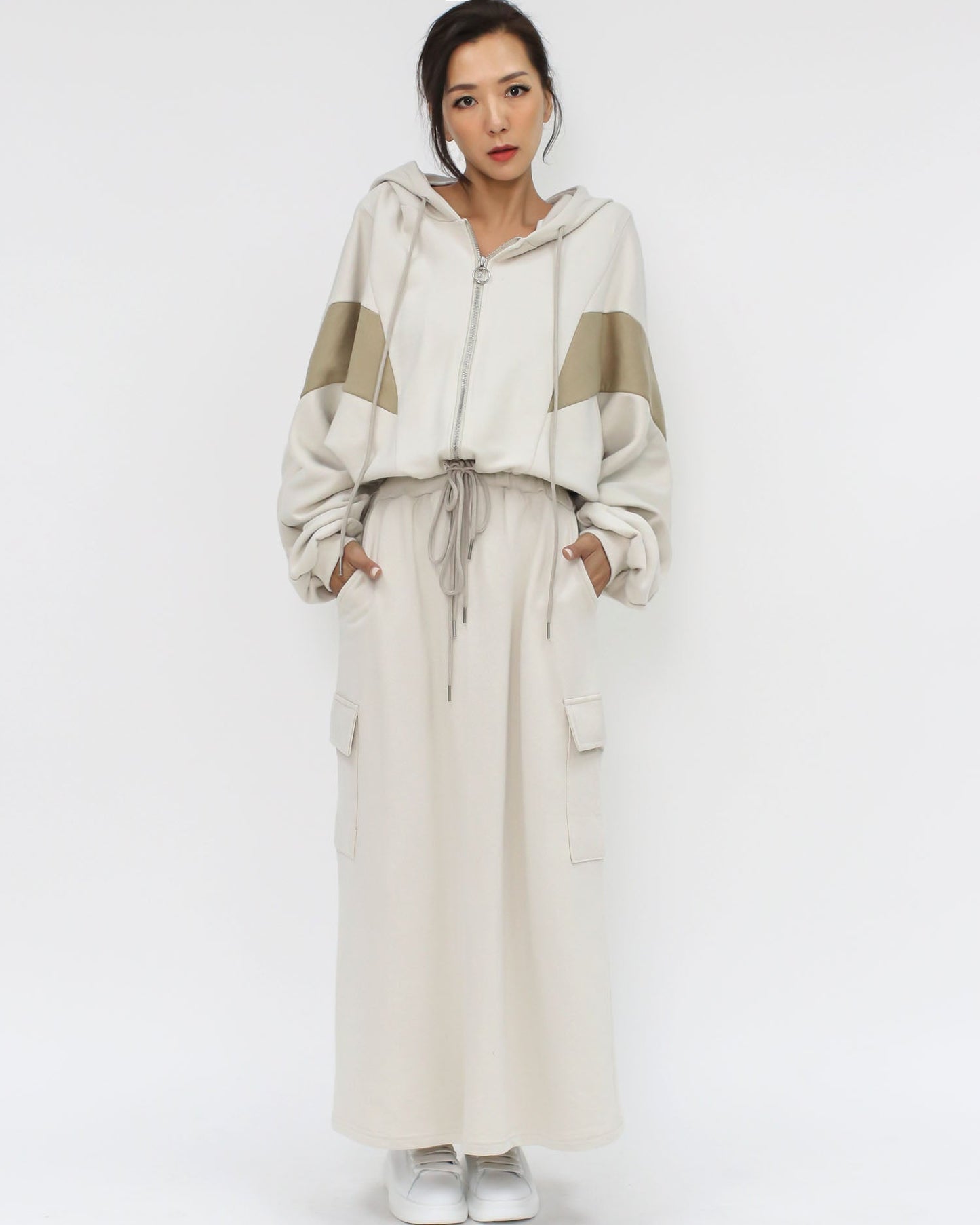 ivory & beige sweat hoodie jacket & skirt set *pre-order*