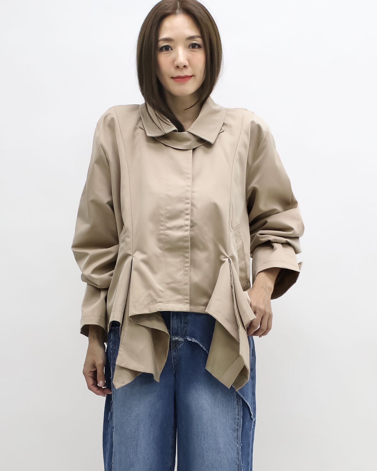 beige asymmetric hem trench jacket