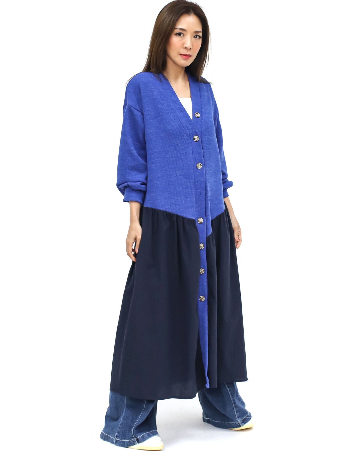 blue knitted & navy shirt contrast longline cardigan *pre-order*