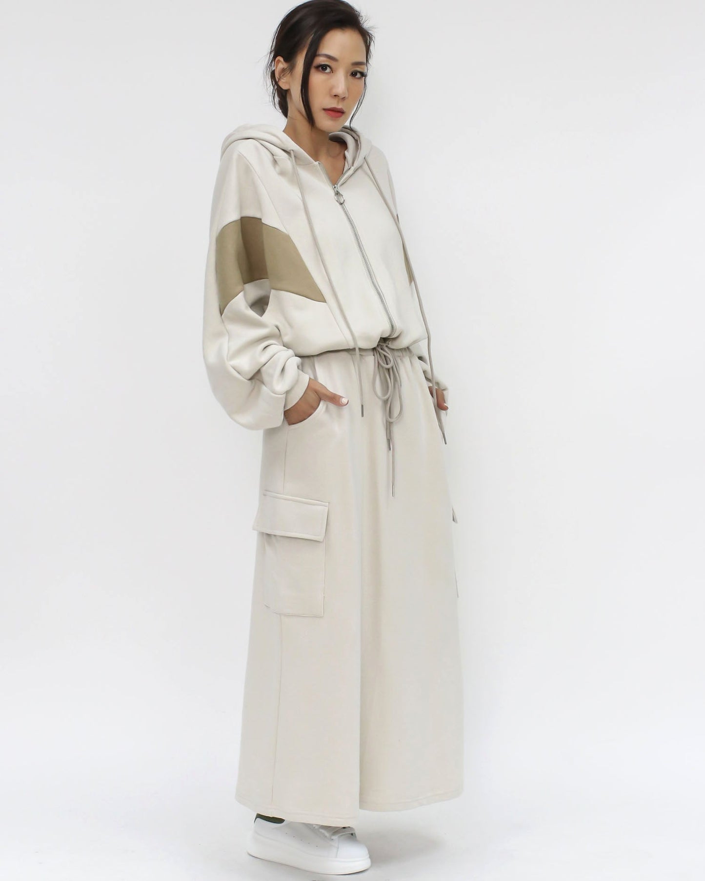 ivory & beige sweat hoodie jacket & skirt set
