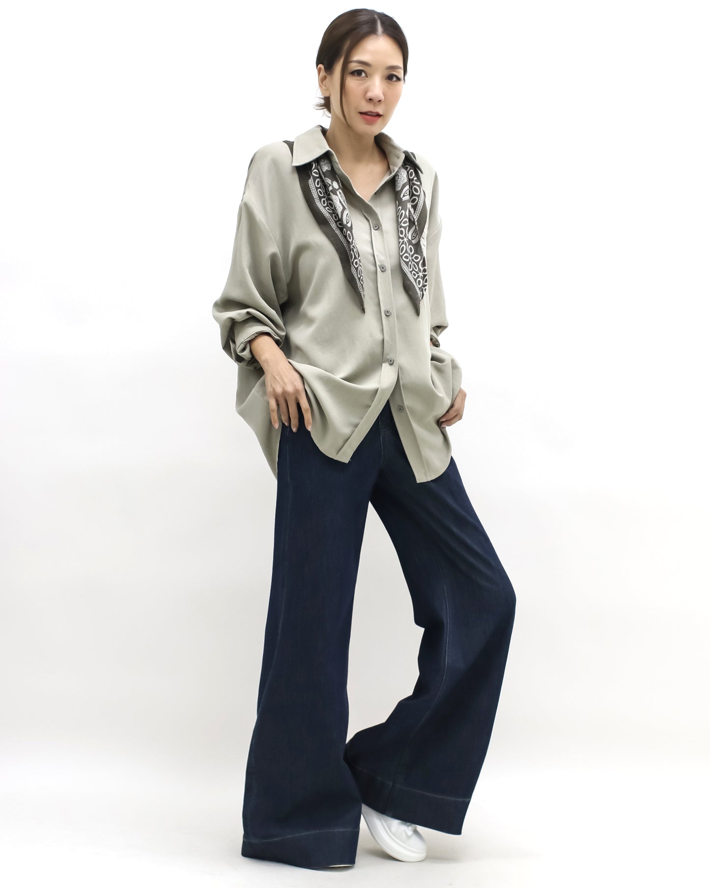 beige shirt w/ green printed scarf