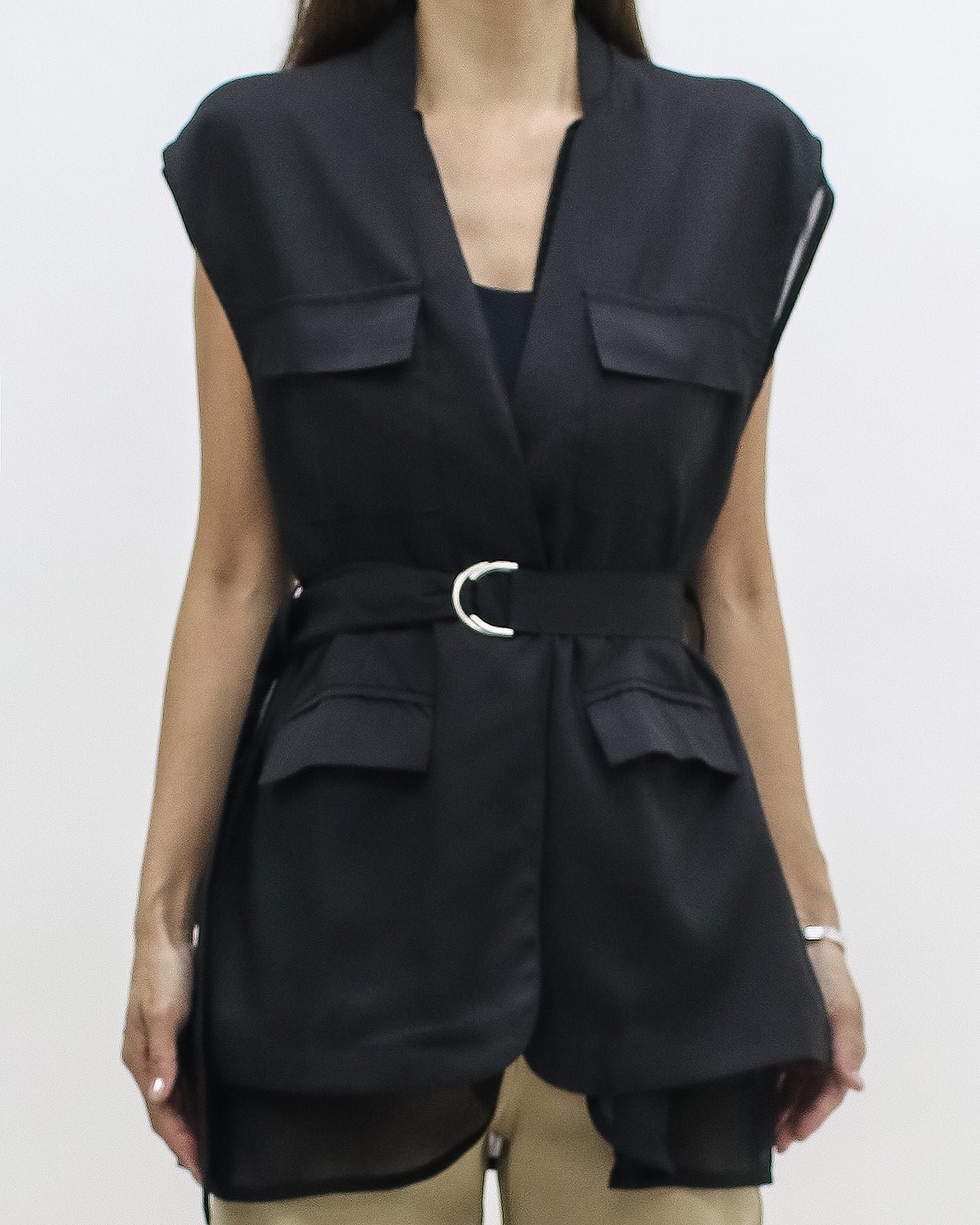 black & mesh layer vest jacket w/ belt