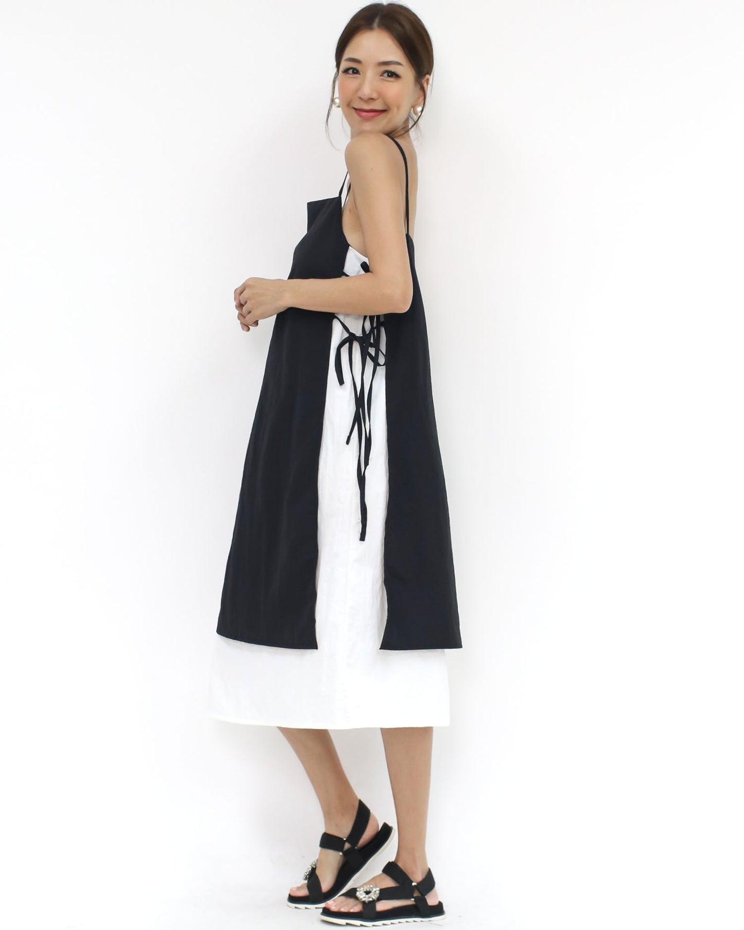 black & ivory texture tie-up sides strappy dress