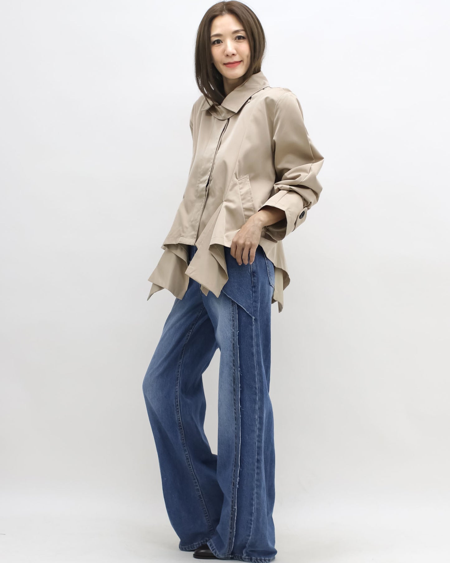 beige asymmetric hem trench jacket