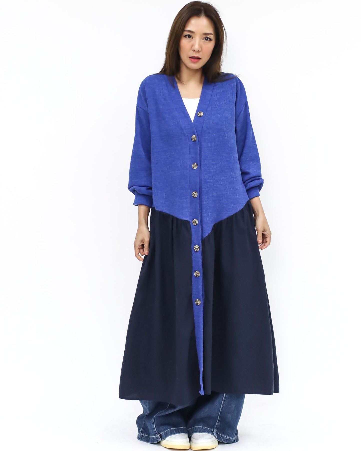 blue knitted & navy shirt contrast longline cardigan *pre-order*