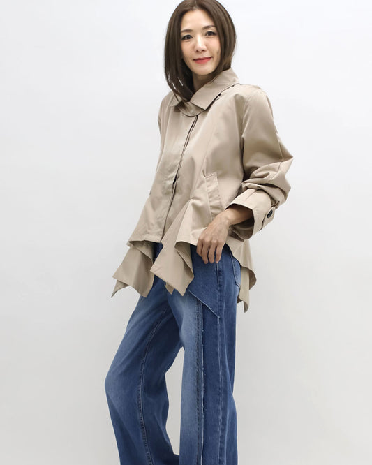 beige asymmetric hem trench jacket