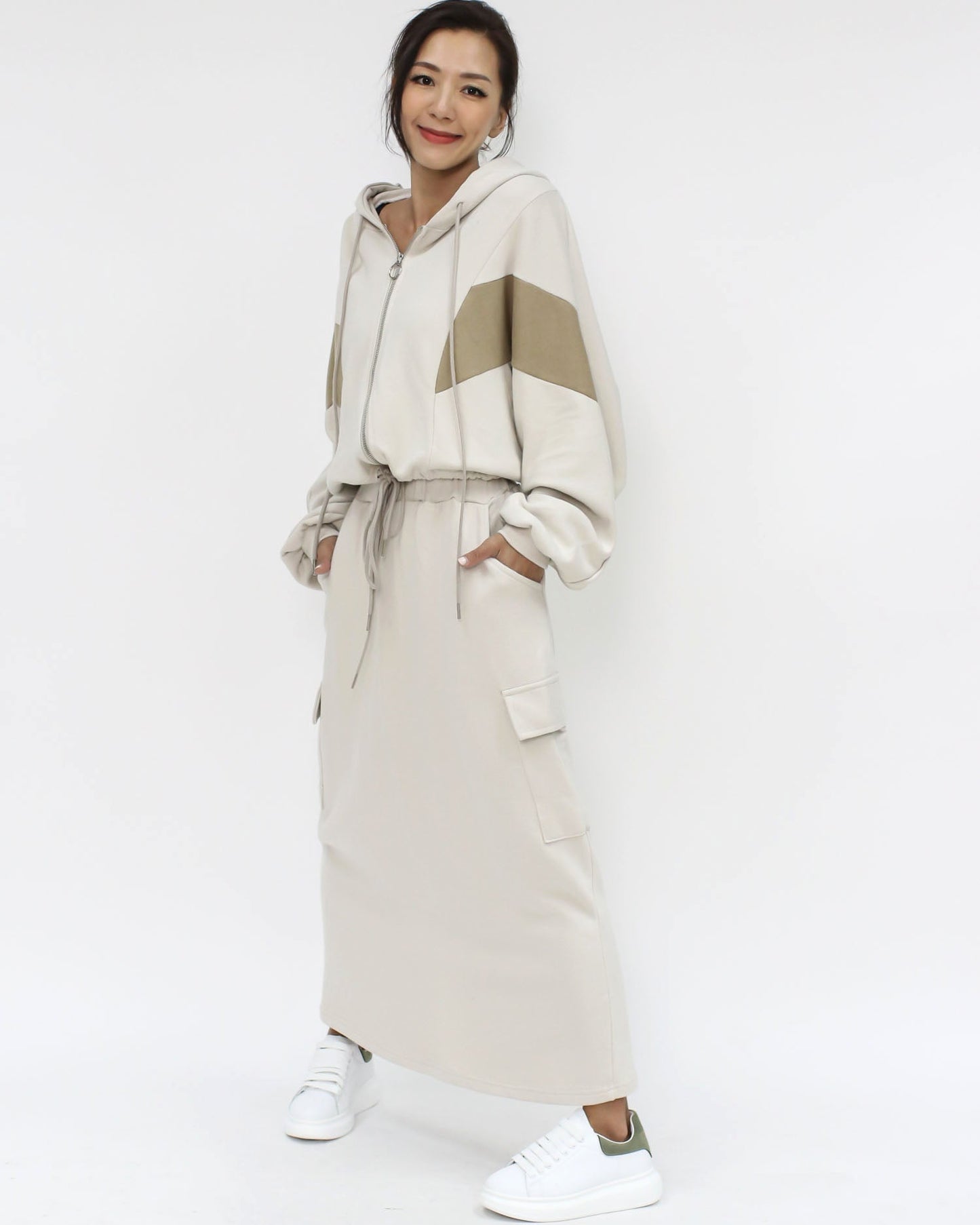 ivory & beige sweat hoodie jacket & skirt set *pre-order*