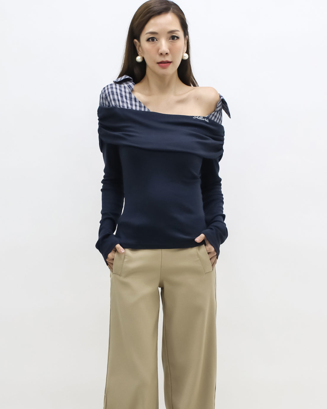 navy w/ checkers shirt collar contrast top
