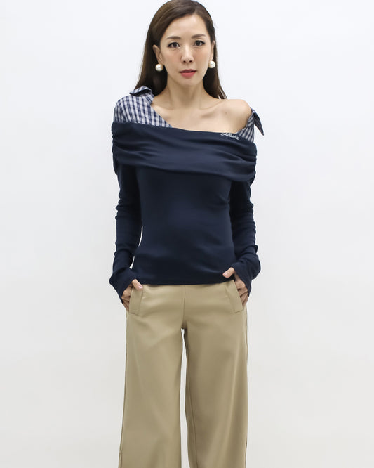 navy w/ checkers shirt collar contrast top