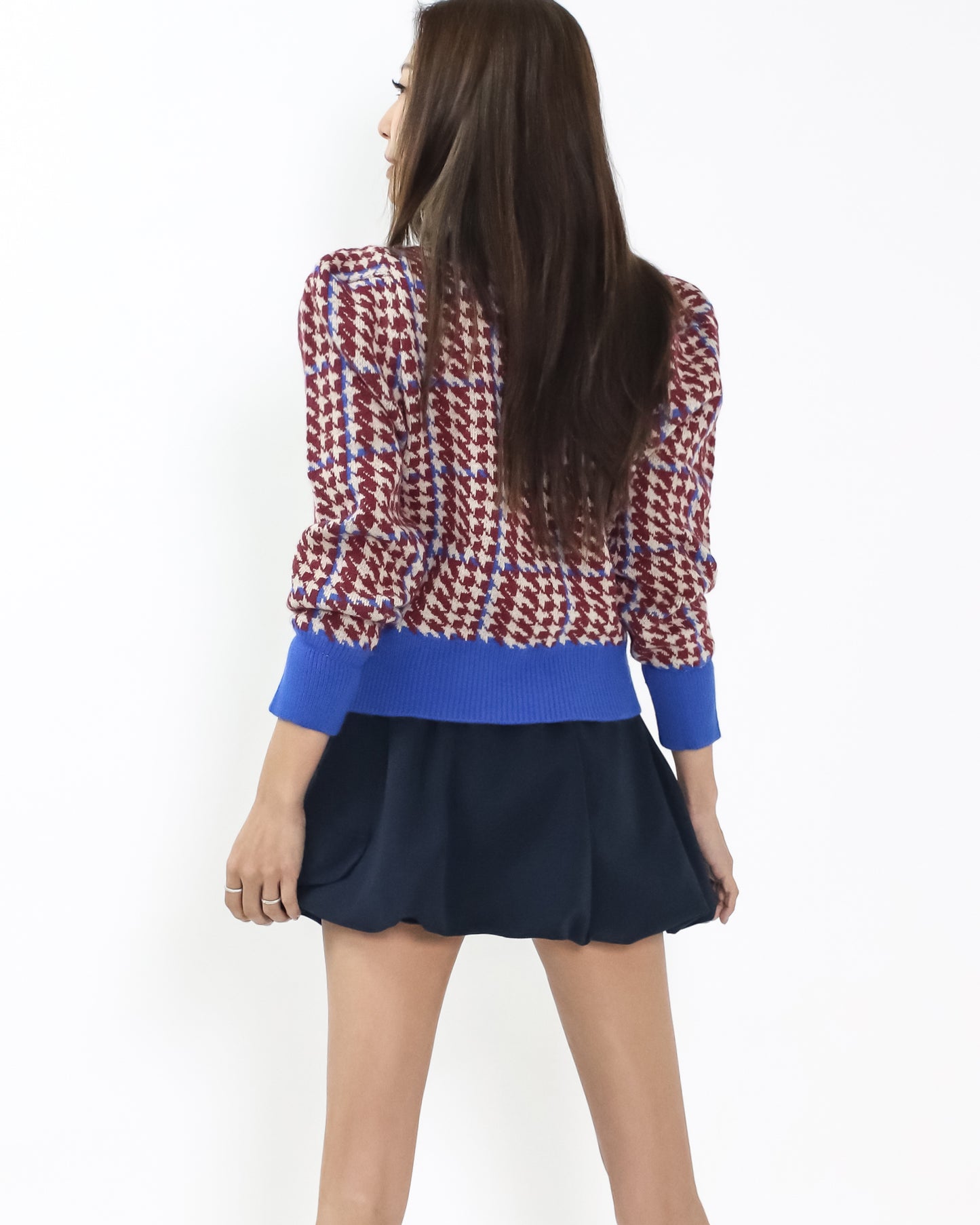 burgundy & ivory checkers w/ blue trim knitted cardigan