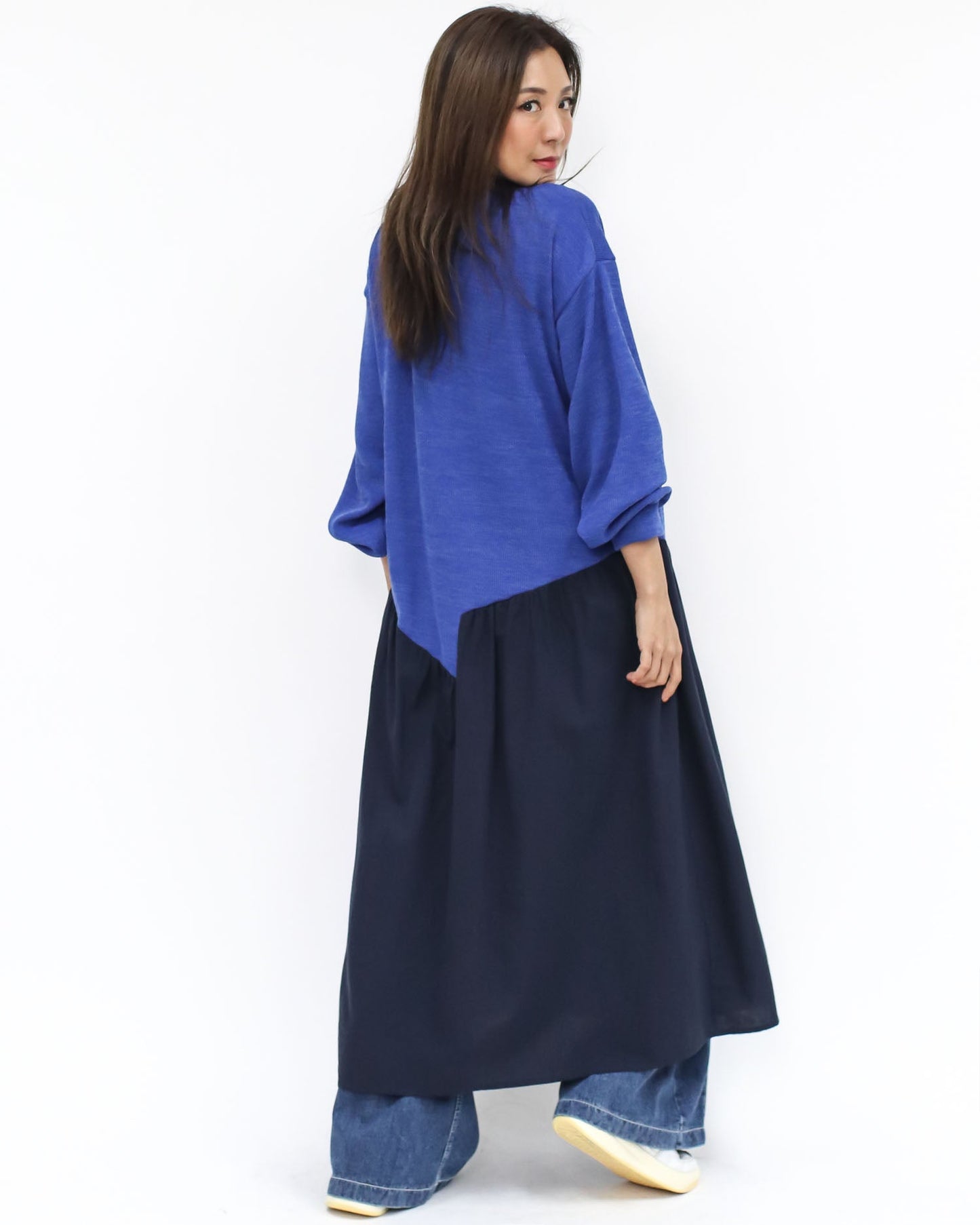 blue knitted & navy shirt contrast longline cardigan *pre-order*