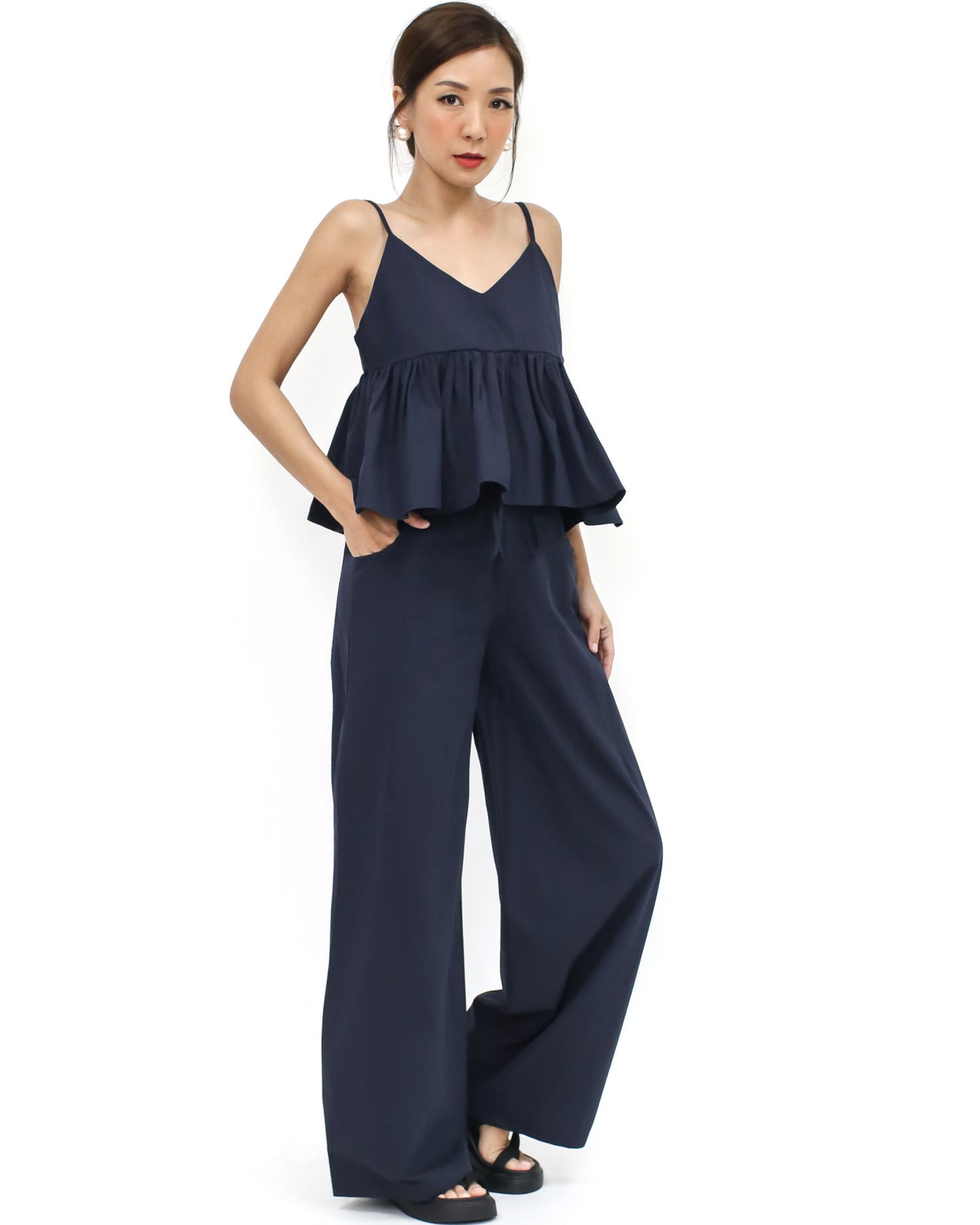 navy flare slip vest & straight pants set *pre-order*