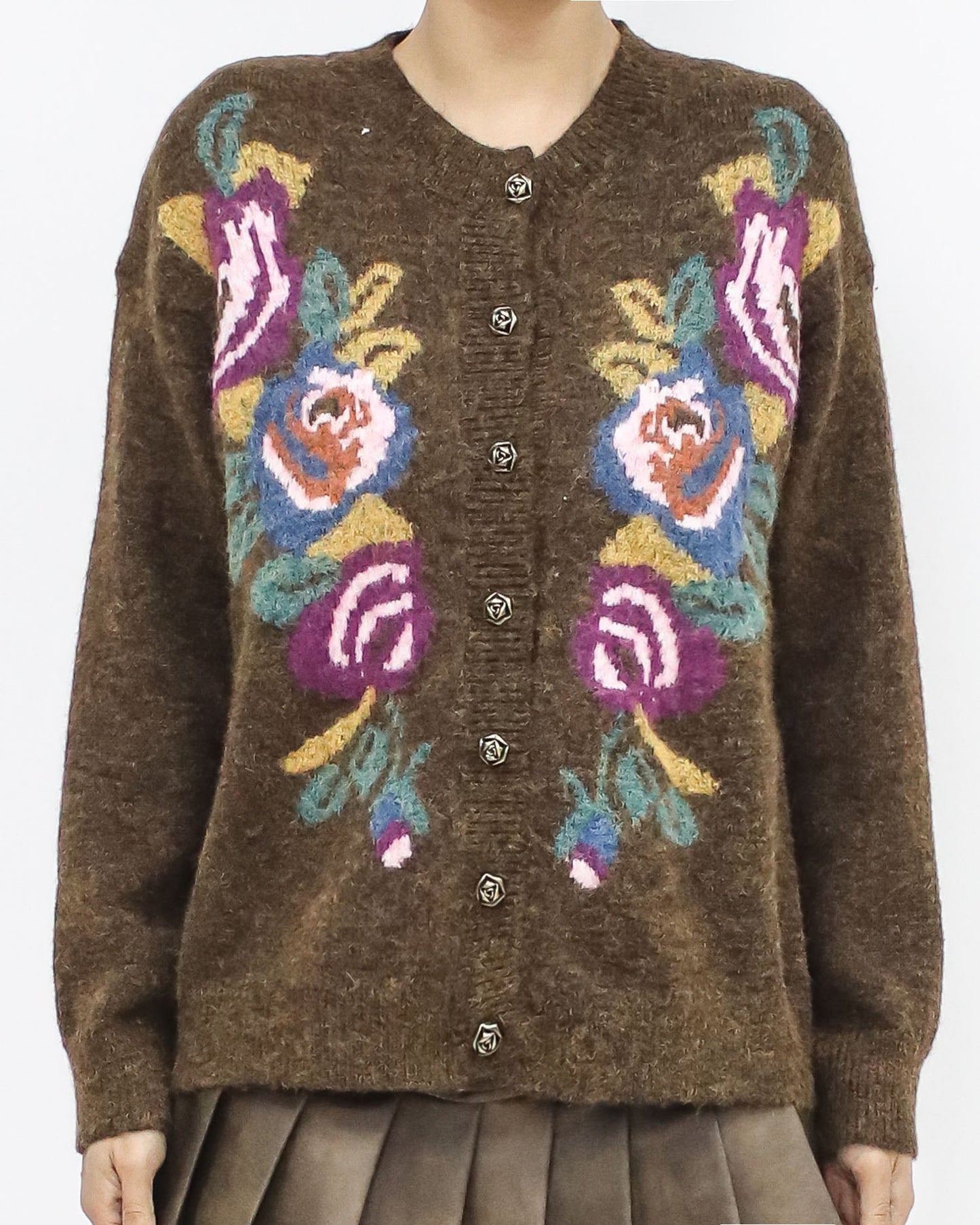 brown flower patterned knitted cardigan